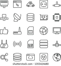 thin line vector icon set - power socket type b vector, f, thumb up, screen, big data, autopilot, satellite dish, SIM card, connections, hierarchical scheme, cpu, pc, router, network, browser, earth