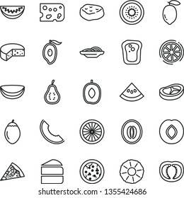 thin line vector icon set - piece of cheese vector, pizza, slices onion, cake, bacon, meat, sandwich, plum, slice melon, half mango, delicious, water, lemon, kiwi, tamarillo, orange, coconut, tomato