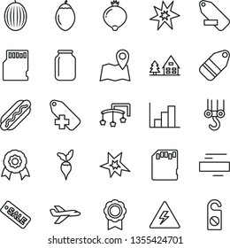 thin line vector icon set - danger of electricity vector, minus, add label, remove, negative histogram, toys over the cot, winch hook, Hot Dog, medlar, melon, tamarillo, radish, jar, season sale