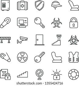 thin line vector icon set - prohibition vector, Baby chair, car child seat, safety pin, open, medical bag, key, ntrance door, helmet, road fence, lock, radiation hazard, encrypting, biohazard, atm