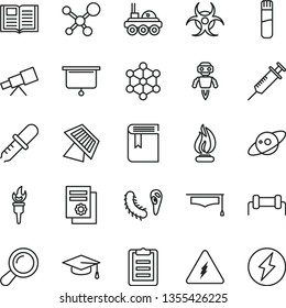 thin line vector icon set - book vector, scientific publication, test tube, telescope, molecule, electricity, zoom, bactery, biohazard, pipette, flame, graduate hat, clipboard, robot, sun panel