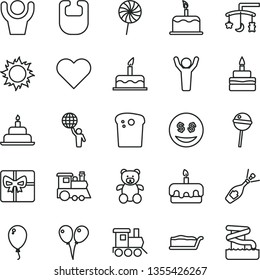 thin line vector icon set - toys over the cradle vector, bib, teddy bear, baby toy train, children's, colored air balloons, balloon, cake, birthday, heart, Easter, slice, torte, Chupa Chups, giftbox