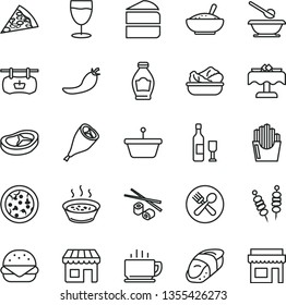 thin line vector icon set - plates and spoons vector, coffee, fried vegetables on sticks, pizza, piece of, big burger, cake, a bowl rice porridge, in saucepan, lettuce plate, grill chicken leg, pan