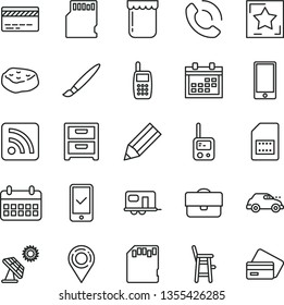 thin line vector icon set - tassel vector, calendar, bank card, rss feed, toy phone, a chair for feeding child, smartphone, nightstand, call, piece of meat, jam, big solar panel, retro car, SIM, sd