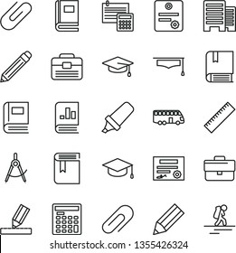 thin line vector icon set - clip vector, briefcase, graphite pencil, yardstick, book, e, portfolio, buildings, drawing, calculation, square academic hat, scribed compasses, text highlighter, patente