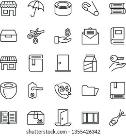 thin line vector icon set - book vector, open pin, books, window frame, door knob, ntrance, received letter, umbrella, drawer, cardboard box, 24, package, canned goods, half of coconut, kiosk