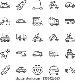 thin line vector icon set - truck lorry vector, motor vehicle, present, baby toy train, tricycle, child Kick scooter, car, delivery, eco, environmentally friendly transport, electric, retro, rocket