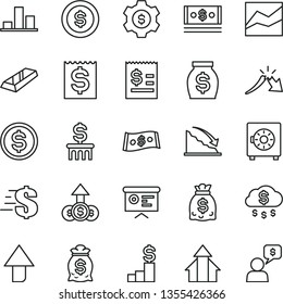 thin line vector icon set - upward direction vector, dollar, line chart, strongbox, recession, a crisis, article on the, financial item, money, dollars, cash, report, growth arrows, gold bar, rain