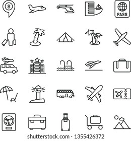 thin line vector icon set - suitcase vector, passport, coastal lighthouse, helicopter, dollar pin, plane, bus, passenger, rolling, ticket, departure, hotel, tent, arnchair under umbrella, palm tree
