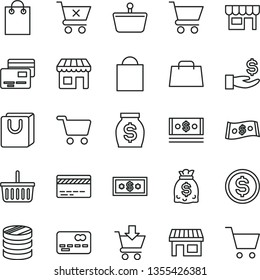 thin line vector icon set - paper bag vector, grocery basket, bank card, cart, put in, crossed, with handles, cards, kiosk, stall, shopping, front of the, column coins, dollar, get a wage, money
