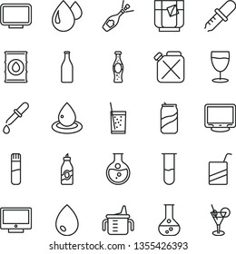 thin line vector icon set - measuring cup for feeding vector, e, drop, screen, a glass of soda, tea, can, bottle, liquor, round flask, oil, canister, monitor, test tube, pipette, champagne, cocktail