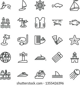 thin line vector icon set - small fish vector, sea port, commercial seaport, coastal lighthouse, planet, sand castle, sail boat, hotel, beach, palm tree, starfish, flippers, diving mask, surfing