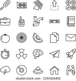 thin line vector icon set - camera vector, briefcase, paper airplane, clean, electronic thermometer e, toy mobile phone, building level, home, envelope, storm cloud, math actions, move up, persimmon