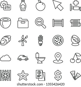 thin line vector icon set - zoom out vector, baby cot, books, toilet, folder, pizza, sushi, bottle, cherry, delicious apple, half of coconut, wind energy, saving bulb, retro car, geolocation, cursor
