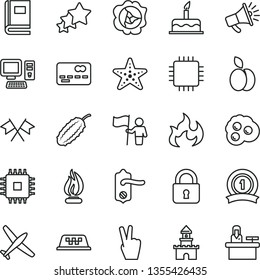 thin line vector icon set - cake vector, door knob, lock, omelette, apple, squash, cucumber, front of the bank card, horn, computer, cpu, book, flame, man hold flag, medal ribbon, cross flags, plane