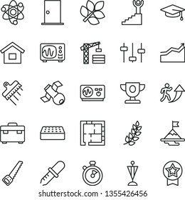 thin line vector icon set - tower crane vector, dwelling, arm saw, suitcase, laying out, ntrance door, brick, spatula, atom, settings, satellite, pipette, oscilloscope, biology, stopwatch, prize