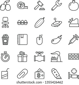 thin line vector icon set - clip vector, hammer of a judge, e, yule, brickwork, long meashuring tape, knife, notebook, gift, bundle eggs, cucumber, cup popcorn, pomegranate, tasty cornels, eggplant