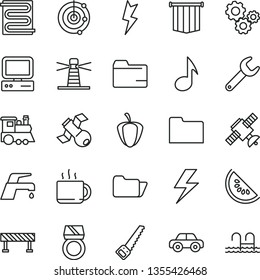 thin line vector icon set - lightning vector, folder, motor vehicle, children's train, arm saw, heating coil, faucet mixer, road fence, cup of tea, slice water melon, ripe pepper, repair key, gears