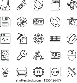 thin line vector icon set - repair key vector, floppy disk, camera, gear, cardiogram, phone call, marine propeller, coal mining, power socket, environmentally friendly transport, horseshoe magnet