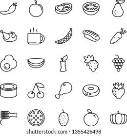 thin line vector icon set - canned goods vector, noodles, cake with a hole, chicken, leg, bacon, carrot, japanese sushi, cup of tea, fried egg, cherry, grape, large, strawberry, mulberry, tasty plum