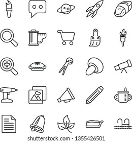 thin line vector icon set - graphite pencil vector, scribbled paper, magnifier, zoom, horn, camera roll, mug for feeding, adjustable wrench, drill, plastic brush, bell, picture, porcini, cake slice