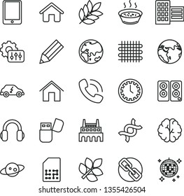 thin line vector icon set - clock face vector, spectacles, house, city block, home, porridge in a saucepan, planet, industrial factory, weaving, electric transport, SIM, pencil, phone call, speaker