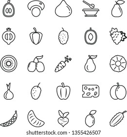 thin line vector icon set - plates and spoons vector, piece of cheese, apple, branch grape, pear, fig, half medlar, mulberry, tasty, cornels, delicious plum, slice tangerine, loquat, kiwi, sour lime
