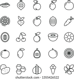 thin line vector icon set - slices of onion vector, carrot, cone, honeycombs, cherry, peach, pomegranate, quince, red apple, half medlar, blueberry, melon, tangerine, loquat, lemon, kiwi, orange