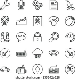 thin line vector icon set - desktop microphone vector, keyboard, scribbled paper, measuring cup for feeding, summer stroller, baby bath ball, cloud, plastic fork spoons, lock, left bottom arrow