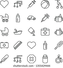 thin line vector icon set - heart symbol vector, mark of injury, first aid kit, toys over the cradle, cot, mug for feeding, measuring cup, bottle, powder, baby, stroller, carriage, sitting, mercury
