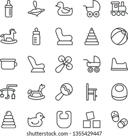 thin line vector icon set - toys over the cradle vector, feeding bottle, measuring for, bib, baby, beanbag, rattle, chair, car child seat, stroller, carriage, rubber duck, duckling, bath ball, toy