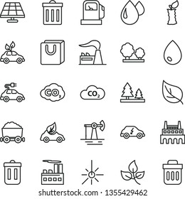 thin line vector icon set - bin vector, drop, bag with handles, apple stub, solar panel, working oil derrick, leaves, leaf, gas station, factory, trees, forest, industrial building, eco car, CO2