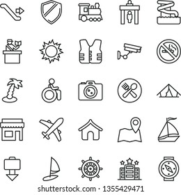 thin line vector icon set - train vector, sail boat, escalator, security gate, passort control, plane, getting baggage, boungalow, tent, sun, palm tree, aquapark, cafe, hotel, disabled, camera, map