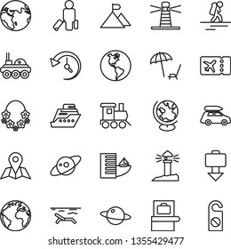 thin line vector icon set - sign of the planet vector, baby toy train, map, Earth, lighthouse, coastal, history, globe, saturn, lunar rover, mountain flag, car baggage, backpacker, passenger, hotel