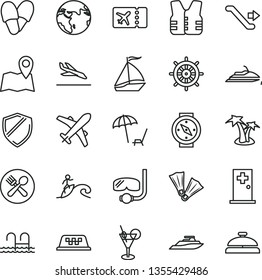 thin line vector icon set - earth vector, sail boat, taxi, escalator, plane ticket, arrival, arnchair under umbrella, palm tree, cocktail, pool, medical room, cafe, flippers, diving mask, surfing