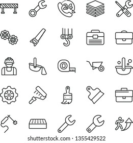 thin line vector icon set - repair key vector, briefcase, winch hook, gears, building trolley, small tools, hand saw, measuring tape, paint roller, wooden brush, portfolio, brick, putty knife, pile