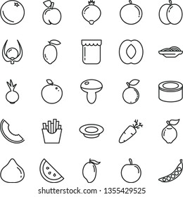 thin line vector icon set - canned goods vector, slices of onion, mushroom, a plate milk, beet, carrot, French fries, jam, orange slice, peach, apple, quince, fig, medlar, blueberry, melon, mango