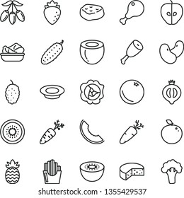 thin line vector icon set - cheese vector, lettuce in a plate, of milk, chicken leg, thigh, piece meat, cucumber, carrot, fried potato slices, orange, squash, tasty apple, raspberry, half medlar