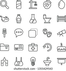 thin line vector icon set - magnifier vector, first aid kit, folder bookmark, baby cot, box of bricks, shoes for little children, washbasin, comfortable toilet, speech, copy, torte, chicken, bottle