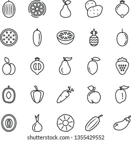 thin line vector icon set - carrot vector, strawberry, a pineapple, apple, pear, peach, medlar, half of, melon, delicious plum, date fruit, ripe, passion, lemon, slice, grapefruit, guava, pepper