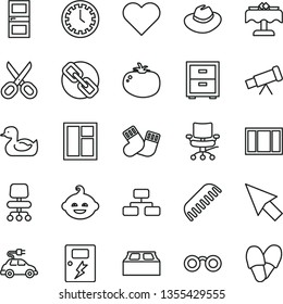 thin line vector icon set - scissors vector, clock face, spectacles, hat, bedside table, rubber duck, comb, warm socks, funny hairdo, window, frame, interroom door, building block, dangers, heart