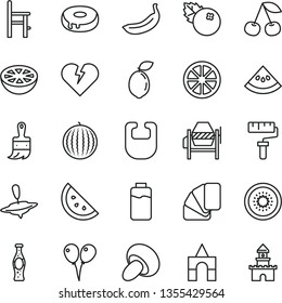 thin line vector icon set - paint roller vector, bib, a chair for feeding, small yule, box of bricks, colored air balloons, concrete mixer, sample colour, wooden brush, broken heart, porcini, cherry