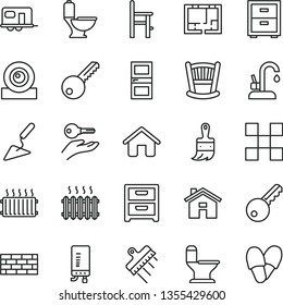 thin line vector icon set - house vector, bedside table, cradle, a chair for feeding, brickwork, building trowel, wooden paint brush, toilet, comfortable, lay out of flat, key, interroom door, tile