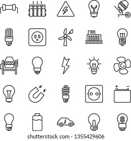 thin line vector icon set - danger of electricity vector, matte light bulb, incandescent lamp, concrete mixer, power socket type b, lightning, radiator, fan screw, charge level, wind energy, saving