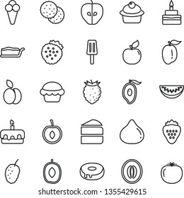 thin line vector icon set - cake vector, muffin, piece of, slice, torte, birthday, with a hole, popsicle, cone, strawberry, strawberries, apple, biscuit, apricot, tasty, fig, raspberry, mulberry