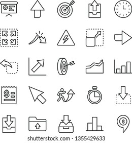 thin line vector icon set - danger of electricity vector, upward direction, right, bar chart, growth, upload archive data, download, folder, timer, put in a box, expand picture, size, move down, pin