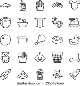 thin line vector icon set - wicker pot vector, Child T shirt, baby duckling, toy mobile phone, deep plate with a spoon, children's potty, small teddy bear, funny hairdo, train, Kick scooter, cabbage