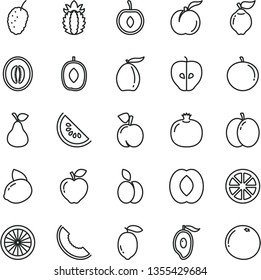 thin line vector icon set - apple vector, pear, peach, ripe, pomegranate, quince, red, tasty, mulberry, slice of melon, water, half mango, loquat, delicious plum, tangerine, cherry, lemon, yellow