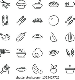 thin line vector icon set - deep plate with a spoon vector, iron fork spoons, sausage, fried vegetables on sticks, onion, slices of, spaghetti, noodles, cake, pie, apple, bowl buckwheat porridge