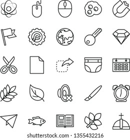 thin line vector icon set - tassel vector, scissors, clean sheet of paper, silent mode, nappy, key, star gear, alarm clock, book, flag, move right, fish, omelette, leaf, planet, horseshoe magnet